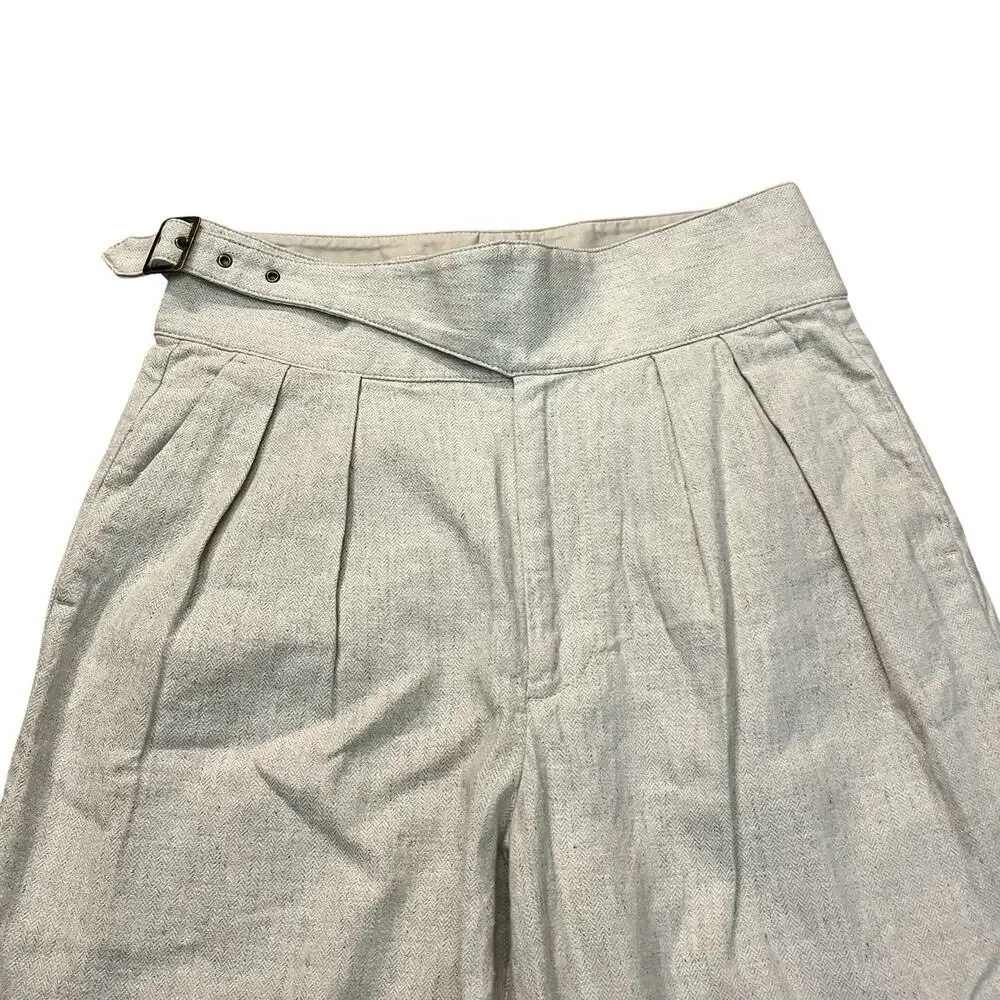 Banana Republic Seafarer Pants 4 Cream Herringbone Linen Blend Belted Pleated